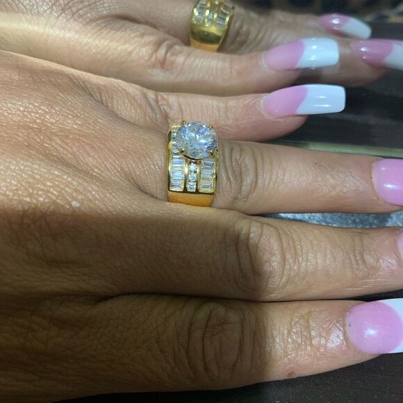 Round Cubic Zirconia Triple-Row Engagement Ring 5.02 TCW in 18k Gold over SS 8 - Picture 1 of 4